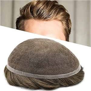 Perruque pour homme en cheveux humains Remy, courte, brune, sans colle, avec dentelle élastique, taille moyenne - Product Image 1