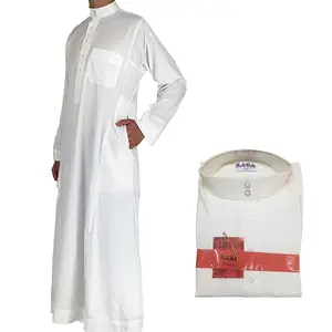 Color sólido blanco Palestina Jubba árabe omaní hombres fabricación moda tela hombres musulmán Arabia Collar Thobe