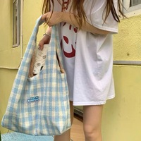 Tas Ransel Kotak-kotak Manis Gaya Korea untuk Wanita Tas Selempang Bahu Bolak-balik dengan Huruf Bordir dan Pita Serbaguna