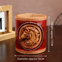 Porte-stylo rectangulaire en cuir véritable tanné végétal fait main Weilei, motif cheval sculpté, style antique - Décoration de bureau rétro pour le rangement professionnel