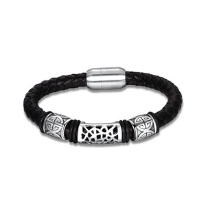 European American Punk Unisex Titanium Steel Magnetic Buckle Genuine Leather Woven Flower Cross <b>Bracelet</b> Gift 18K Gold Plated - Product Image 5