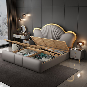 Nội thất phòng ngủ gỗ sang trọng hiện đại, giường bọc nệm mềm, khung giường đôi cỡ King, thiết kế có ngăn chứa đồ bằng da và bộ nệm. - Product Image 6