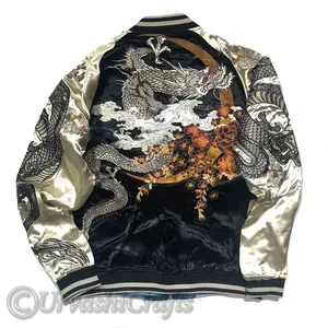 Chaqueta bordada de doble cara Vintage de Yokosuka japonesa, ropa de calle para hombre, chaquetas de bombardero de satén con flor de cerezo y dragón Moonlight