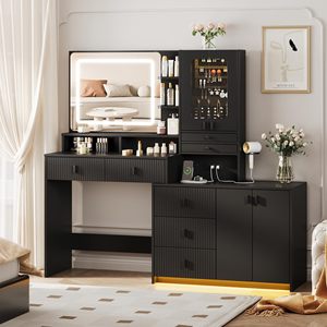 Tocador Moderno de Madera Blanca con <span class=keywords><strong>7</strong></span> Cajones, Espejo de Pie, Gabinete para Joyas y Estantes - Diseño Duradero - Product Image 1