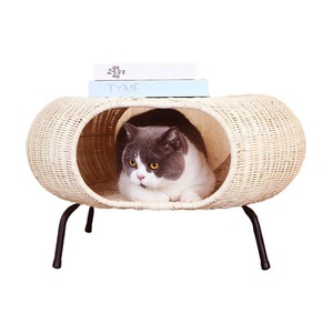 <b>Rattan</b> Coffee <b>Table</b> Round <b>Small</b> Storage Basket Pet Cat Bed Scandinavian Style Handmade With Black Metal Legs - Product Image 5
