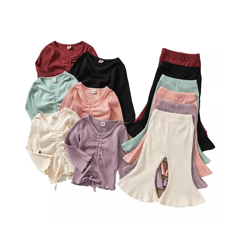 YFS92501 enfant en bas âge enfants petits bébés filles deux pièces cloche bas ensembles à volants pantalons évasés ensembles de vêtements