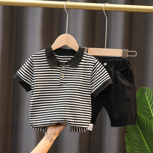 Costumes d'été pour garçons, 2 pièces, t-shirt polo à rayures et à manches courtes, à la mode, nouvelle collection <span class=keywords><strong>2021</strong></span> pour enfants - Product Image 2