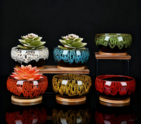 Set 6 Pot Sukulen Keramik 2,5 Inci dengan Drainase dan Nampan Bambu untuk Pot Bunga Kaktus Warna-warni Ukuran Mini