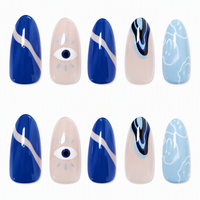 Faux ongles à presser tendance, longs, forme amande, motif œil abstrait, finition brillante, mélange bleu nude, pour usage quotidien et soirées