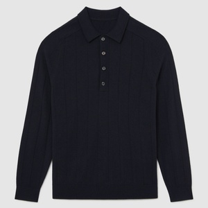 Maglione da uomo in lana merino a coste larghe, con maniche raglan e mezza abbottonatura, colore blu navy, stile classico e raffinato, modello <span class=keywords><strong>polo</strong></span>. - Product Image 1