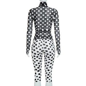 Viviblook D26ST247 Women Autumn <b>Set</b> Polka Dot Print Mesh High Neck Long Sleeved Top Cropped Pants Casual Two <b>Set</b> Pieces - Product Image 4