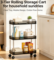 Chariot de rangement à 3 niveaux transparent sur roulettes, organisateur mobile pour entrée avec patères intégrées pour les fournitures quotidiennes à la maison