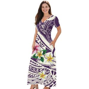 Abito a manica corta floreale polinesiano di nuovo stile con tasche da donna scollo a V ampio abito da festa in spiaggia personalizzabile - Product Image 2