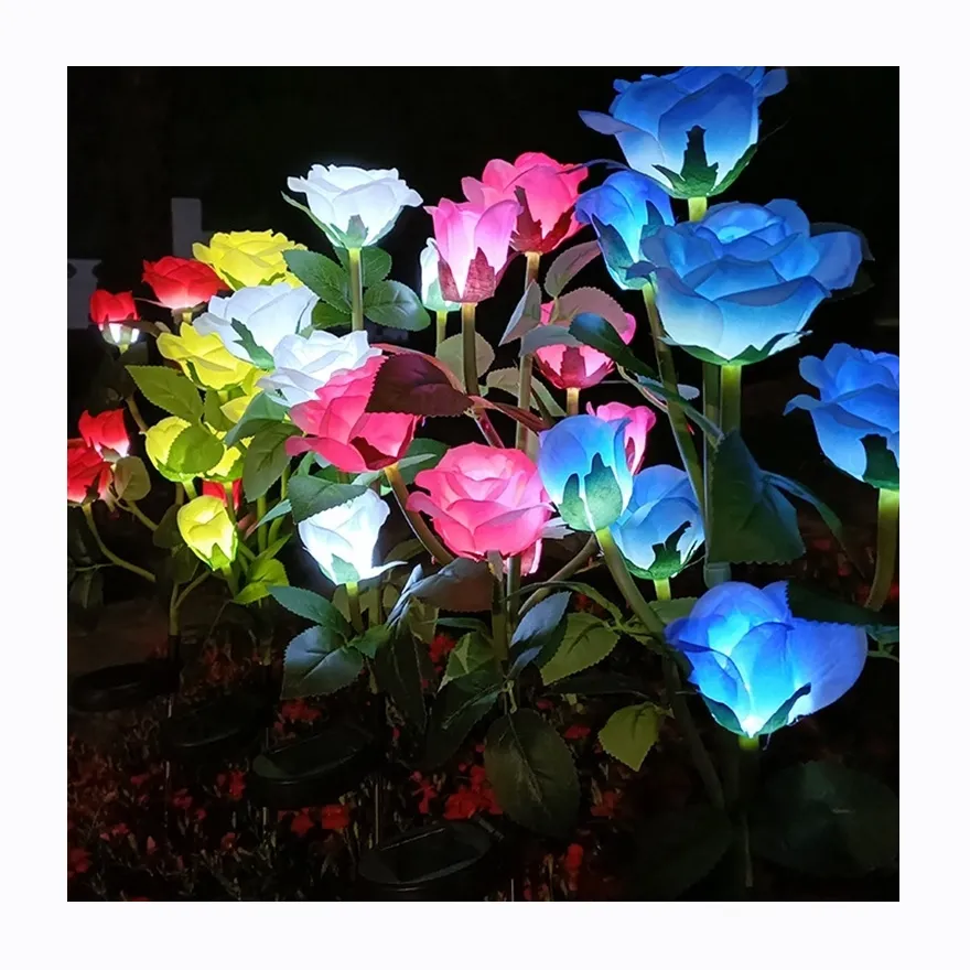 New Powered Rose Flowers Bright Color Changing Solar Flower Lights Outdoor for Pathway Walkway Patio Yard Lawn Lamp