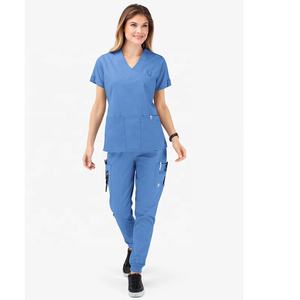 사용자 정의 로고 속건 스판덱스 짠 저지 레이온 반팔 외과 가운 세트 고탄력 병원 유니폼 스크럽 디자인 - Product Image 6