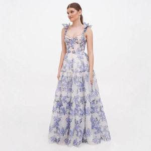 Vestido de Noche de Organza con Estampado Floral y Hombros Descubiertos, Cintura Imperio, Capa Transparente, Vestido Largo, Moda Femenina - Product Image 3