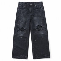 Jean baggy taille haute personnalisé 14oz pour homme, coupe large, en denim vintage, noir, enduit de cire, avec étoiles métalliques cloutées, déchiré, bouton de printemps