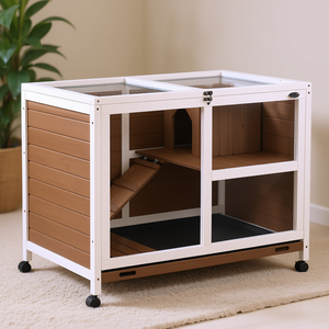 Conejera Interior de 2 Pisos con Ruedas, Puertas con Cerradura, Rampa, Jaula de Madera para Cobayas, Casa para Animales Pequeños, Color Marrón - Product Image 2