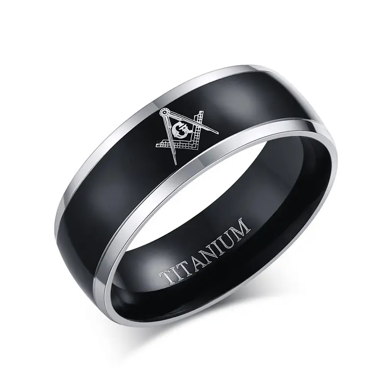 Anelli massonici in acciaio inossidabile placcato nero lucido alto Logo personalizzato anello Non appannante per uomo donna