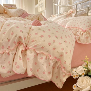 Soft Floral Printed 4-Piece <strong>Bedding</strong> Sets <strong>Double</strong> Layer Gauze Lace Edge Skin Friendly <strong>Princess</strong> Style for <strong>Double</strong> Size Bed Cover Set - Product Image 5