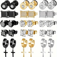 15 paires de boucles d'oreilles en acier inoxydable incrustées de zircon, boucles d'oreilles pendantes en forme de croix pour hommes, bijoux d'oreille, vente en gros