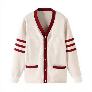 Cardigan blanc pour hommes KAP avec bordure rouge brodée, pulls tricotés pour femmes, vêtements universitaires, vêtements de collège, vêtements de sport - Product Image 1