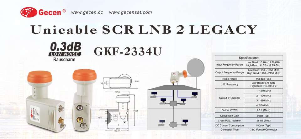 GECEN Unicable SCR LNB 6 Users Model GKF-2334U - High Definition FTA
