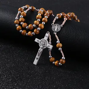 XIMAI Wooden Rosary Necklaces High Quality Good Wood Beads Rosary Necklace Cross Pendants Christ Jesus Religious Pray Jewelry