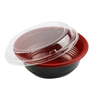 وعاء من البلاستيك المتين للاستعمال مرة واحدة باللون الأسود والأحمر يُستخدم في الميكروويف