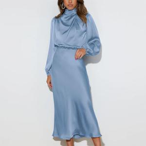 Abito personalizzato in poliestere estivo a vita alta in tinta unita abito Casual Color <span class=keywords><strong>verde</strong></span> <span class=keywords><strong>smeraldo</strong></span> Maxi manica lunga a sbuffo - Product Image 3