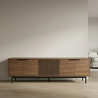 Meuble TV moderne minimaliste en bois de noyer, console multimédia de style mid-century pour salon.