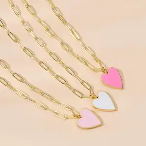 Beautiful Paperclip Chain Ready Jewelry 18K Gold Plated Stainless Steel Cute Pink Colorful Heart Necklace for Women Teen Girls
