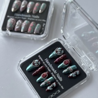 Uñas Postizas Hechas a Mano con Pedrería 3D Brillante, Cobertura Completa, Punta Francesa, Uñas a Presión Tipo Pico de Pato