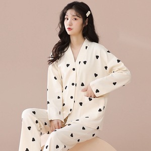 Pigiama 100% <span class=keywords><strong>cotone</strong></span>, vestaglia aperta sul davanti con colletto kimono, maniche lunghe, abbigliamento <span class=keywords><strong>da</strong></span> <span class=keywords><strong>casa</strong></span> dolce e casual, set due pezzi. - Product Image 5