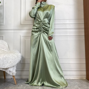 6664 #   Nouvelle robe longue tendance en satin épais et lisse, col rond, taille élastique plissée, jupe ample - Product Image 4