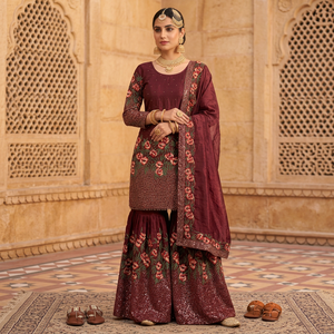 <b>Presenting</b> New <b>Eid</b> Collection In Pure Silk With Heavy Embroidery Sequence Work Top-Bottom And Dupatta Set Fully Stitched - Product Image 1