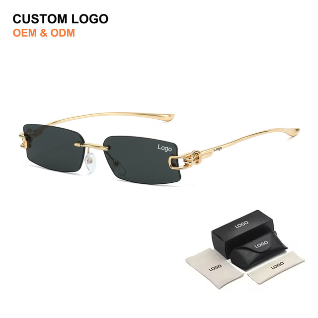 Custom Logo OEM ODM Wholesale Gold Double Ring Chain Hinge Super Elastic Celebrity Luxury Frameless Rimless Rectangle Sunglasses