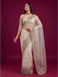 Sari en résille tendance pour femmes avec broderies de sequins, idéal pour les mariages, les réceptions, les festivals et les occasions spéciales. - Product Image 1