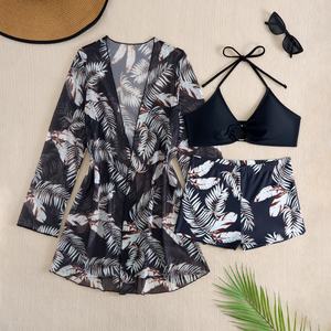 Trajes de Baño Bikini de 3 Piezas con Logotipo Personalizado en 3D (Delantero y Trasero), Bajo MOQ, Diseño de Hojas, Sin Espalda, Spandex/Poliéster, Ropa de Playa para Mujer - Product Image 1