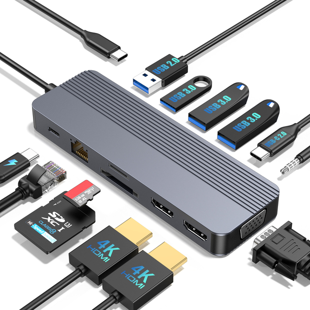 13 in 1 USB-C Docking Station with Dual HDTV, VGA, Gigabit Ethernet, 100W PD, USB 3.0 Hub, SD/TF, Audio for Laptop