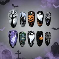 Lot de 30 faux ongles press-on violets-noirs, style français, motif ciel étoilé, pour Halloween, courts, en forme d'amande, brillants et pré-dessinés