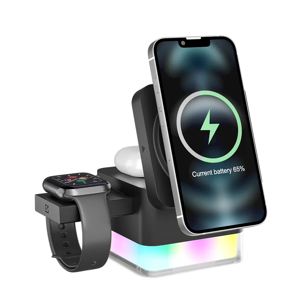 2024 New Products Portable Magnetic 3 In 1 Foldable 15W Fast Wireless Charging Stand Station Qi Travel Adapter for iPhone 15 14