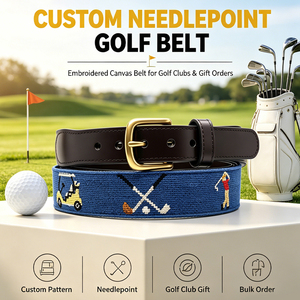 <span class=keywords><strong>Ceinture</strong></span> <span class=keywords><strong>de</strong></span> golf réglable en toile brodée avec sangle en toile, design point <span class=keywords><strong>de</strong></span> croix, garniture en cuir et boucle ardillon en alliage/laiton pour homme, idéale pour l'extérieur - Product Image 1