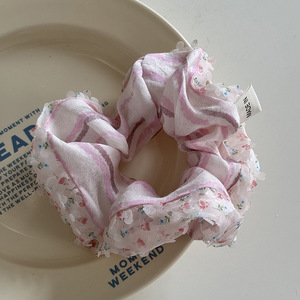 Nouveau design printemps et été style fantaisie fleur dentelle cheveux chouchous pour filles tissu rayé cheveux cravates pour jeunes dames - Product Image 2