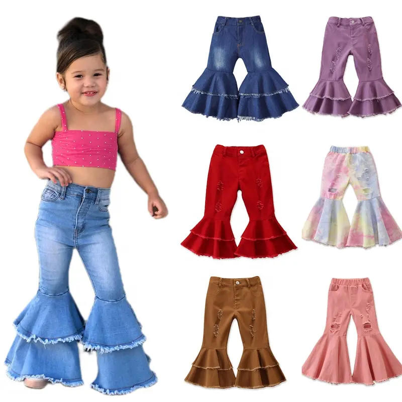 Ms-93 2024 nuovo Design alla moda pantaloni a zampa di elefante per bambine e bambine pantaloni danneggiati Jeans per bambine