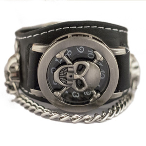 Punk <b>skull</b> leather strap quartz <b>watch</b> retro hip hop metal style fashionable and unique men's wristwatch - Product Image 5
