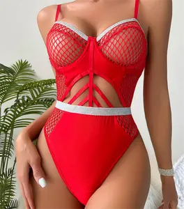 2023 New Red One Piece Mädchen Sexy Dessous Hollow Out Mesh Durchsichtige Bodysuit Jumps uit Dessous