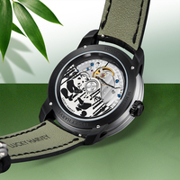 Montre mécanique automatique Lucky Harvey Panda avec cadran à yeux animés, cristal saphir, bracelet en cuir, étanche ZLS106