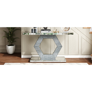 Hexagon Mirror Entryway <b>Console</b> <b>Table</b> With Diamond <b>Glass</b> Effects Dual Tier Luxury Foyer Decor - Product Image 4