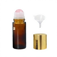 Flacons à bille en quartz rose pour huiles essentielles 50 ml, rechargeables, en verre ambré, forme plate, avec billes en cristal naturel, flacon anti-fuite